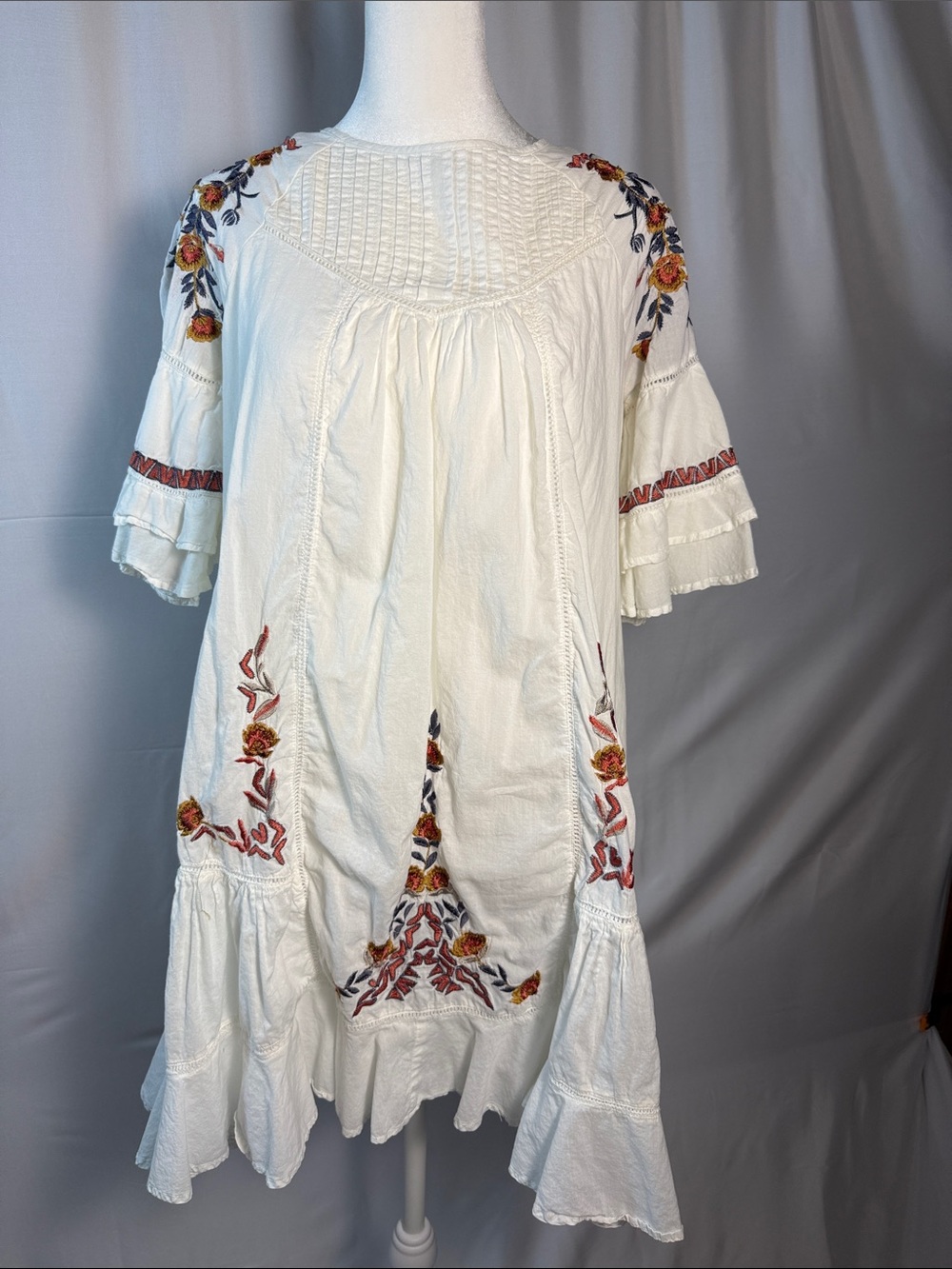 Free People White Dress with Red, Orange & Navy Floral Embroidery
